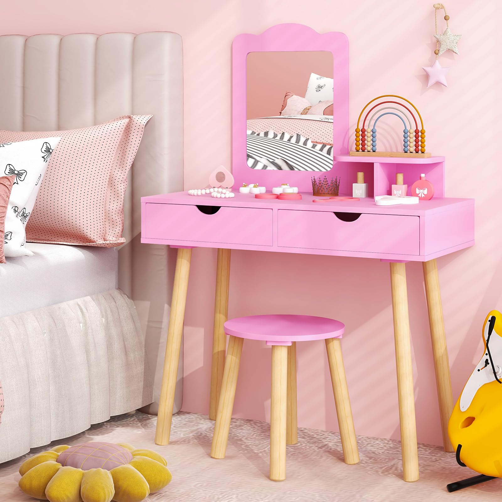 COSTWAY 2 in 1 Set Toeletta per Bambini, Postazione Trucco in Legno con Sgabello, Specchio Rettangolare Staccabile e 2 Cassetti Capienti, Ideale per Bambini dai 3 ai 7 Anni (Rosa Scuro)