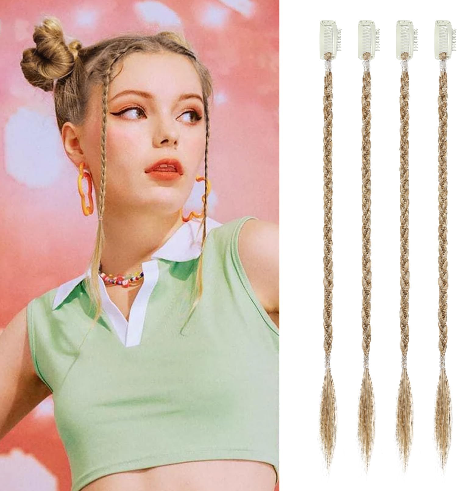 Flufymooz 4PC Braid in Hair Extension 14 Inch Clip in Braid Extensions for Women Synthetic Hairpieces for Daily Use Party Styling (Golden Blonde with Highlights)