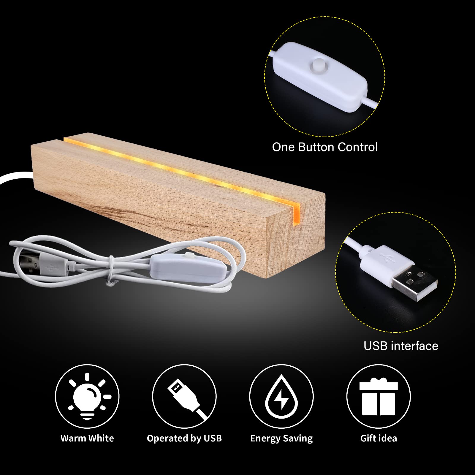 Vegena 2 Pezzi LED Luci Display Base, Base Luce Led Legno con USB, Base Rettangolare con Led per Lastra in Acrilico, Lastra in Cristallo (Lunghezza 20 cm, Bianco Caldo)