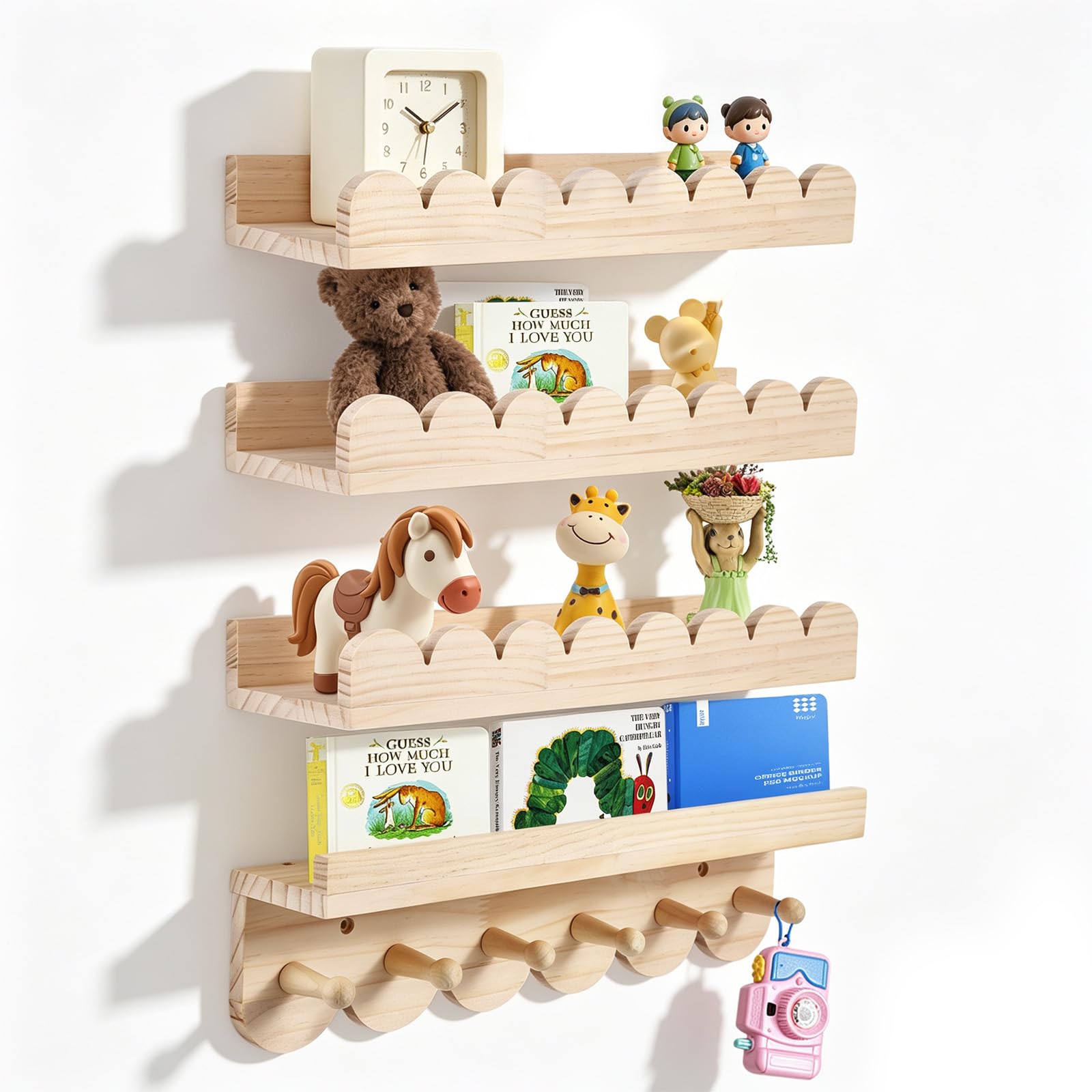 Juego de 4 estantes de pared de madera maciza para niños - Estantería con 6 ganchos para libros y juguetes - Estantería Montessori de 40 cm - Estantería flotante con curvas para niños y niñas