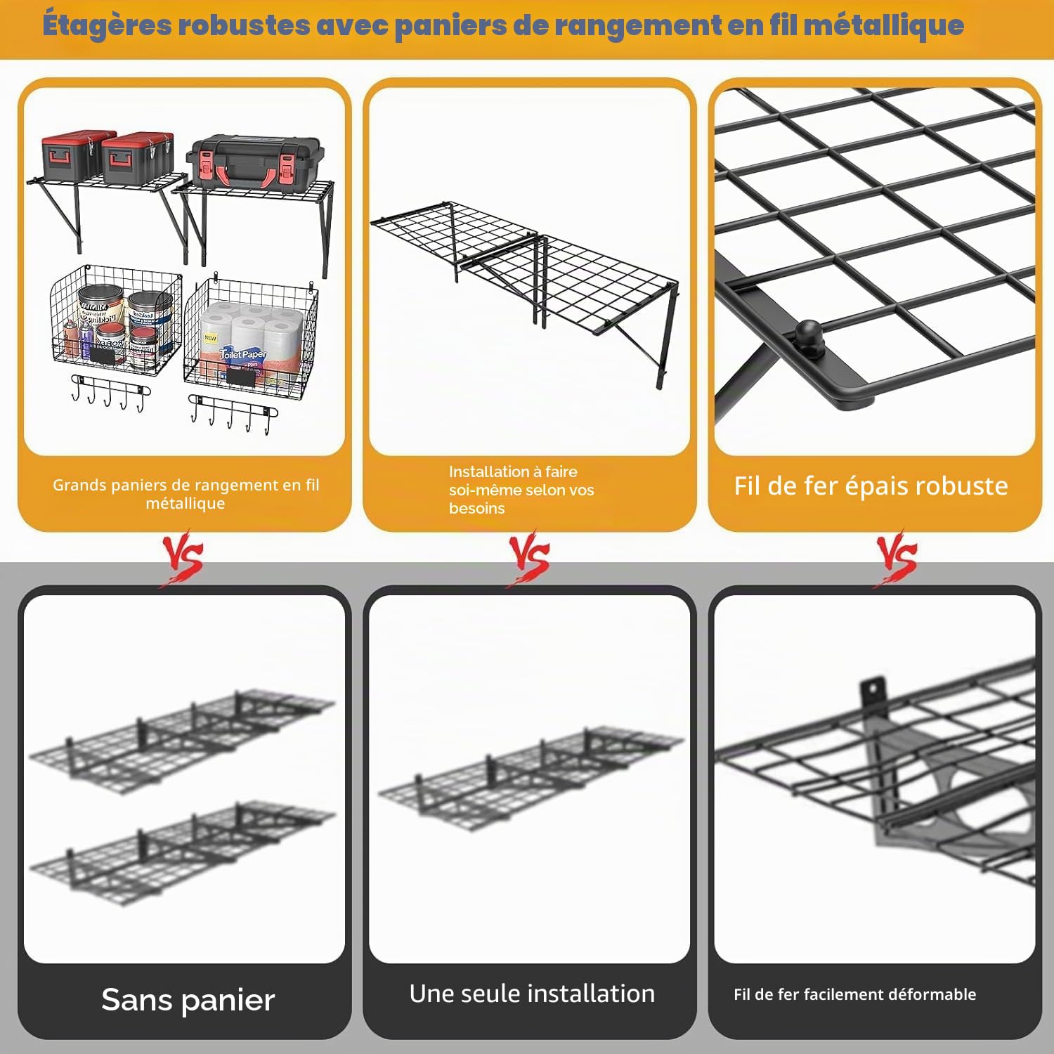 Lot de 2 étagères de garage à fixation murale avec paniers en fil métallique - Robuste - Avec crochets - Pour la maison, le jardin, le garage