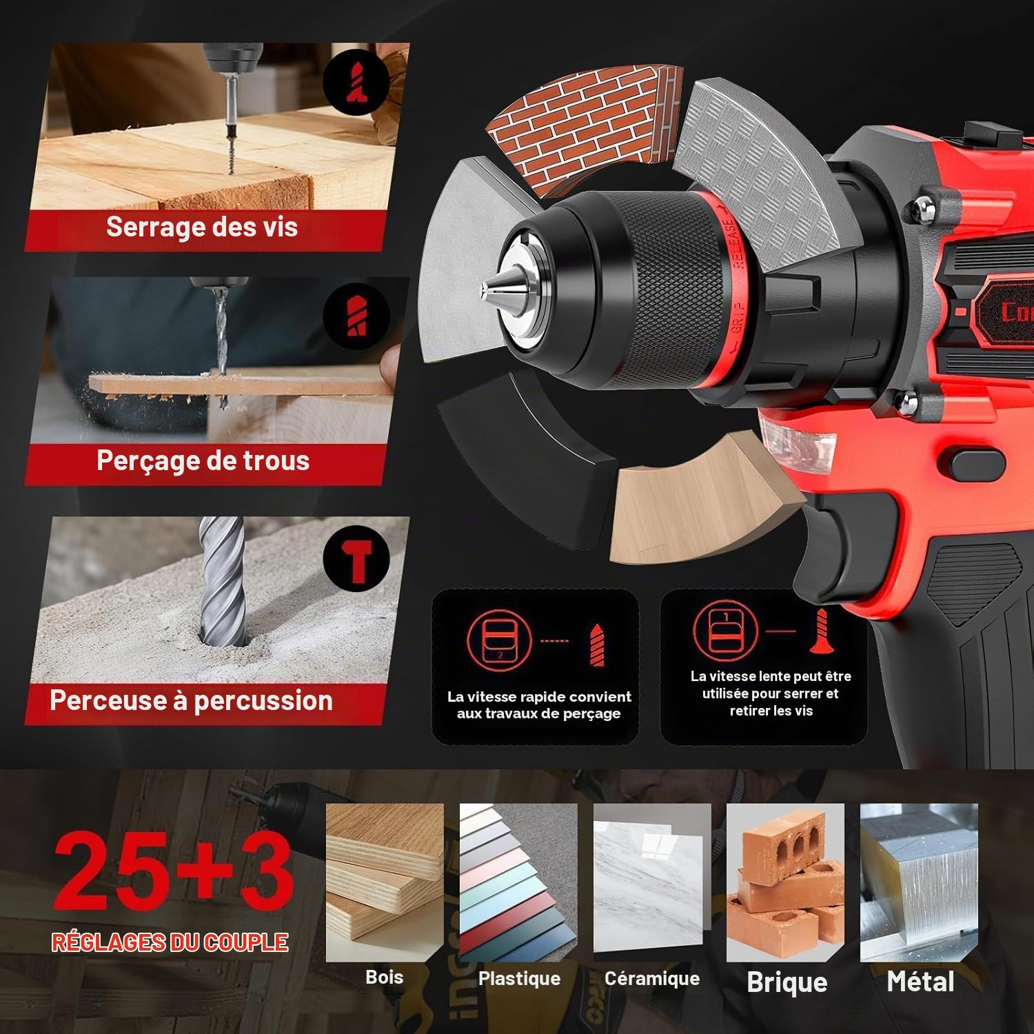 Perceuse Visseuse Sans Fil Brushless 21V KELNOW, Perceuse Percussion 60 Nm, Batterie 2,0 Ah, Mandrin Métal 10 mm, 2 Vitesses 25+3 Couples, Visseuse Dévisseuse avec 87 Accessoires Bricolage (Rouge)