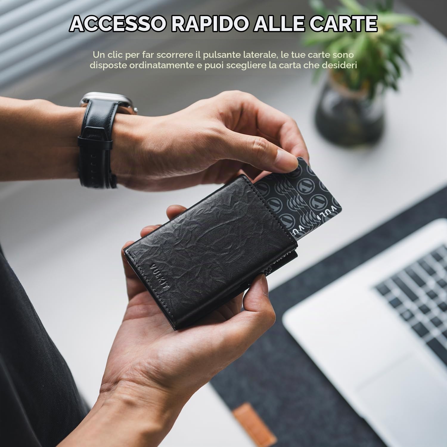 VULKIT Porta Carte di Credito in Pelle Prismatica con Blocco RFID Scomparto per Banconote, Finestra per Documento d'identità, Tasca Portamonete e Chiusura Magnetica