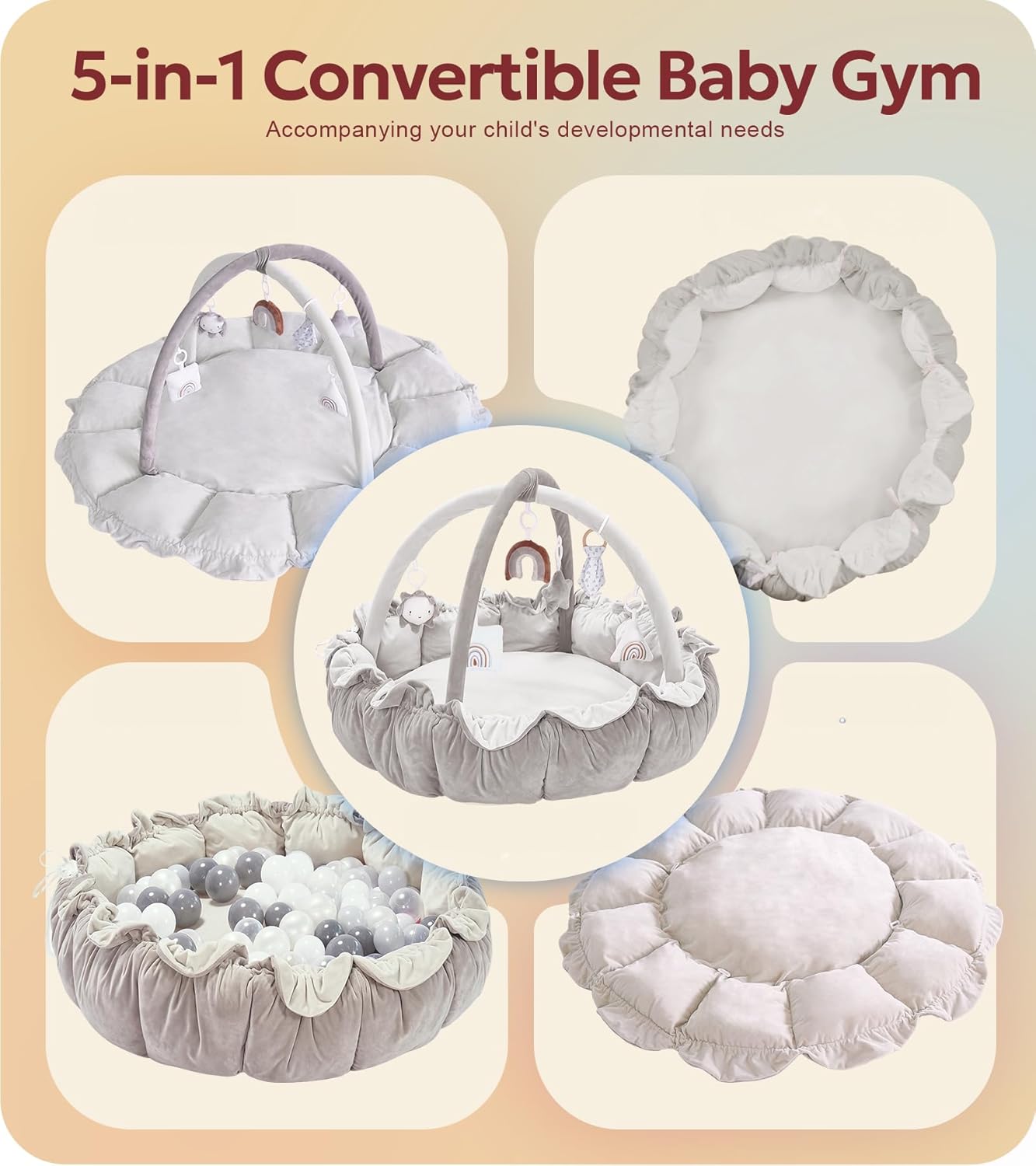 5-in-1 Thick & Plush Baby Play Gym, Baby Play Mats for Floor, Tummy Time Mat with 6 Toys, Convertible Stage-Based Developmental from Babies to Toddlers, Ball Pit, Grey Grey Round