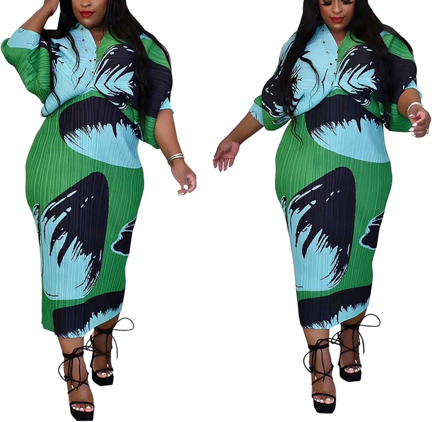 Ptorlio Sexy African Dresses Attire for Women V Neck Floral Pleated Midi Dress Plus Size - Image 4