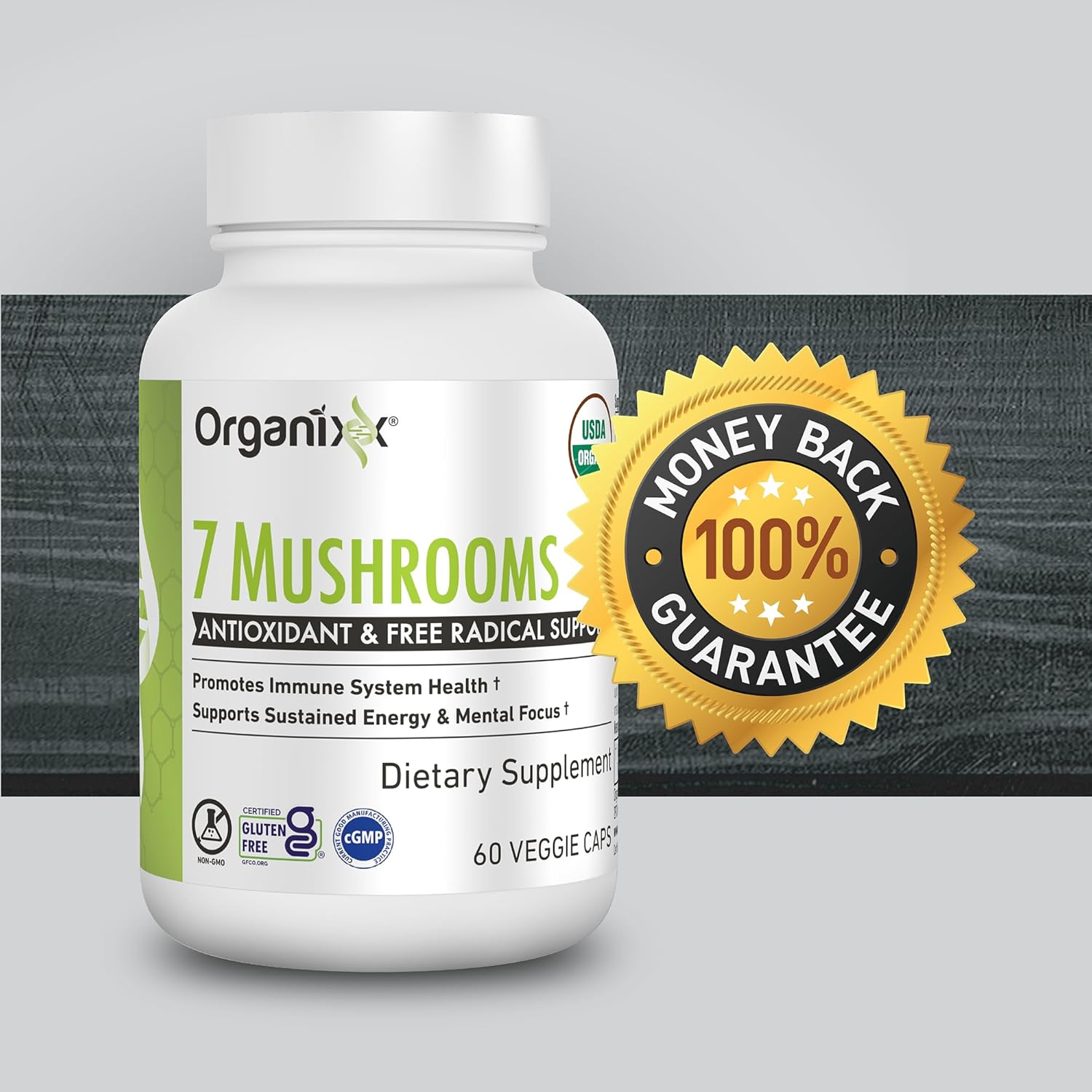 Organixx USDA Organic Mushroom Supplement, 7 Fermented Mushrooms – Lions Mane, Shiitake, Cordyceps, Turkey Tail, Reishi – for Immune & Digestion Support, 60 Vegetarian Capsules