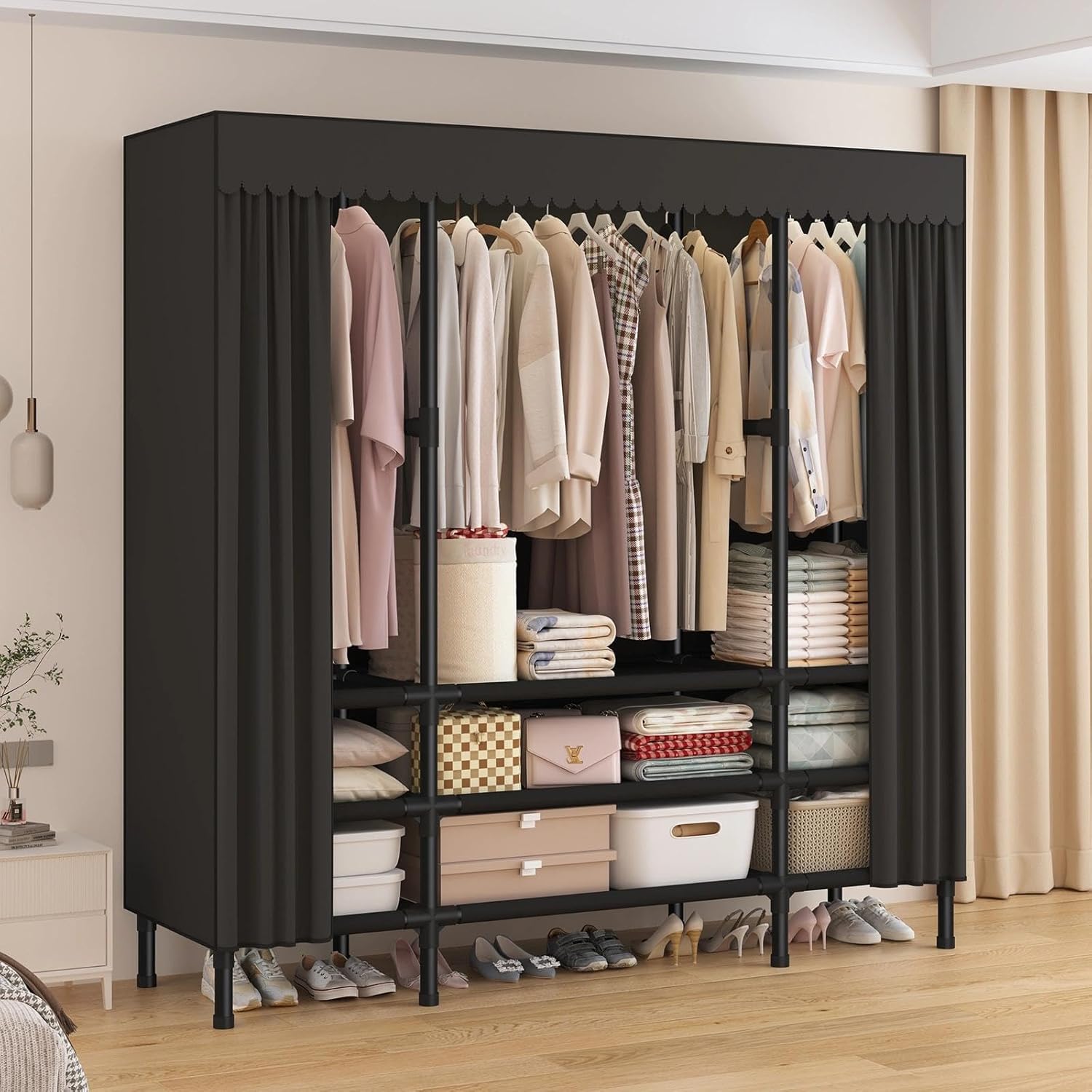 WEALTHYHEART Portable Closet,Garment Rack,Heavy Duty Clothes Rack with Cover,Wardrobe Closet with 3 Hanging Rods, 9 Storage Shelves,55.1" L x 17.7" W x 67.7" H,Black Black-a 55.1" L