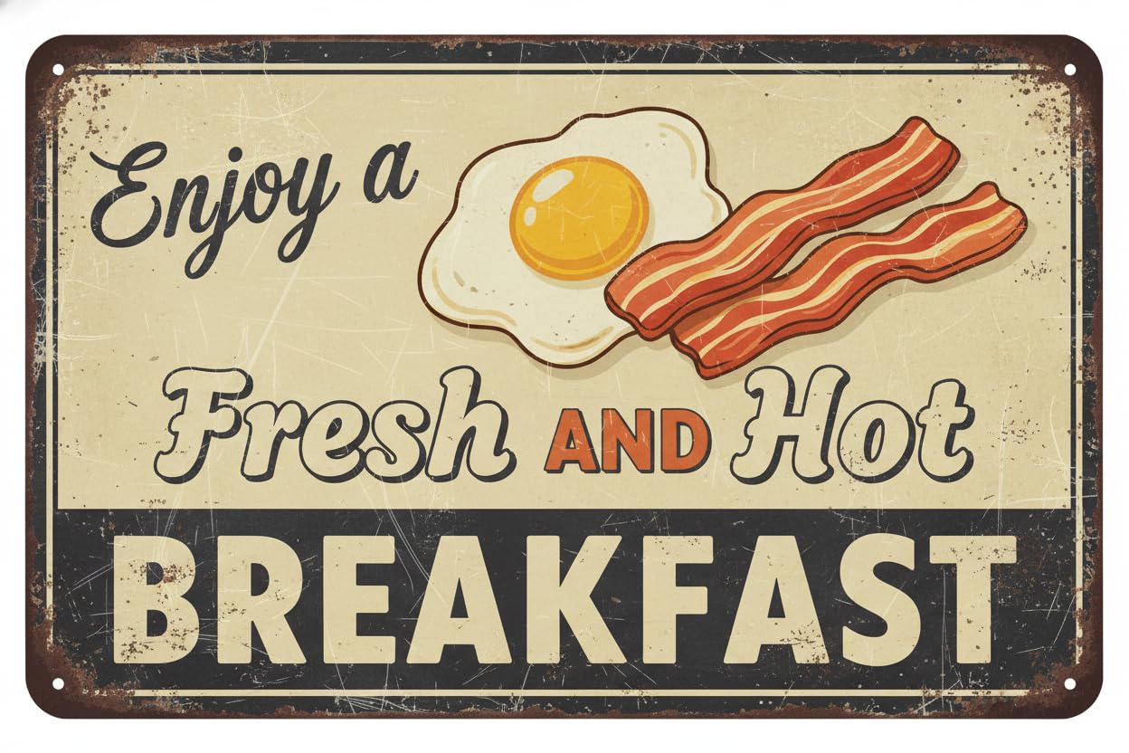 Wall Decor Enjoy A Fresh And Hot Breakfast | Full Color Sidewalk Display Sign Board With Metal Ground Stakes | 8x12Inch Vintage Signs Aluminum Plates Printed