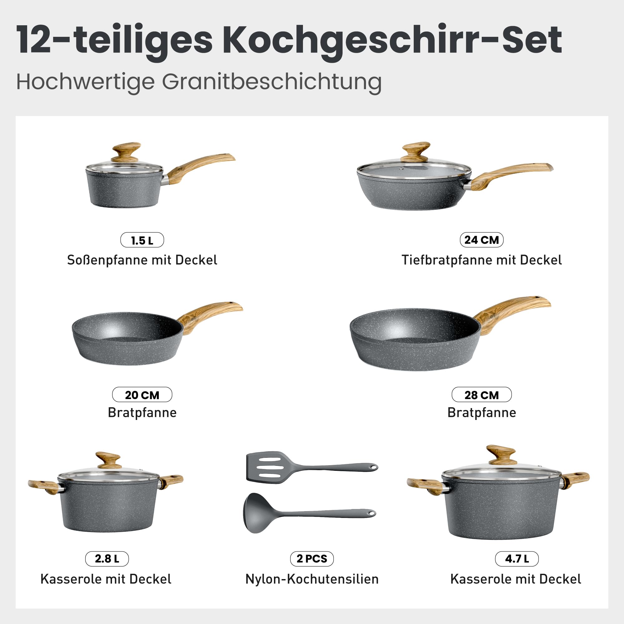 DishDelight Juego de Ollas y Sartenes 12pcs Aluminio Antiadherente Sartene Wok Cacerola con Tapas para Todas las Cocinas Inducción