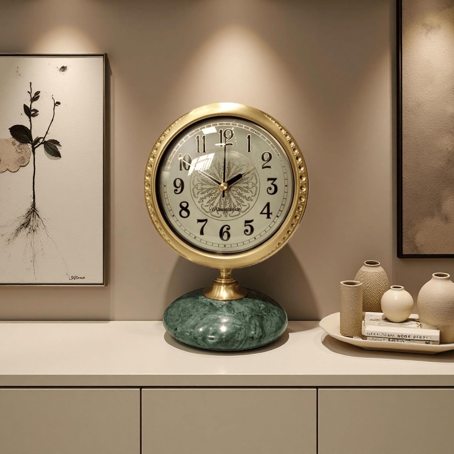 Vintage Mantel & Modern Brass Desk/Shelf Clock, Silent Non-Ticking Analog Roman Numerals, Marble Base, Home/Tabletop Decoration for Shelf, Table, Mantel, Bedside, Home Office, Living Room, Bedroom