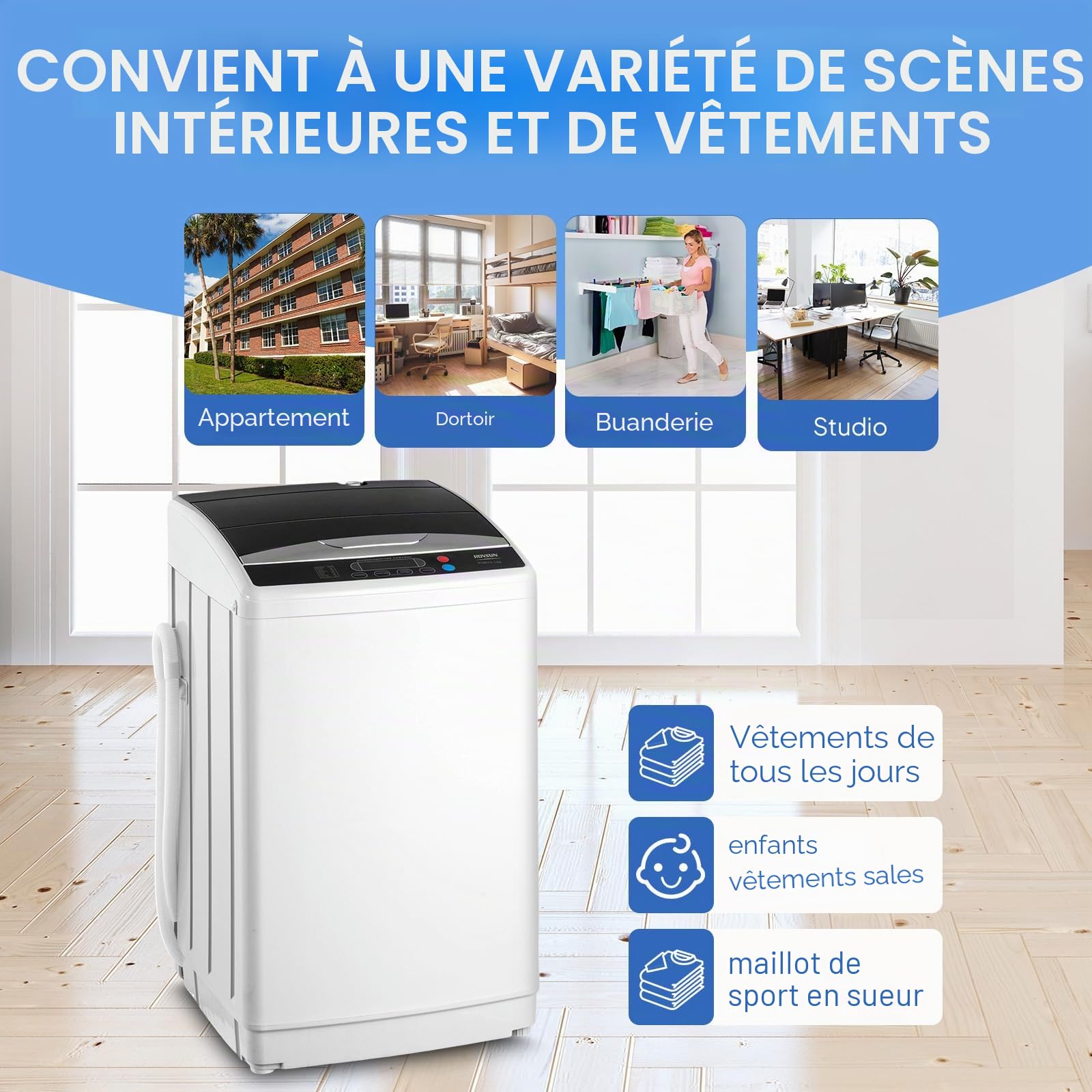 ROVSUN Machine à laver à chargement par le dessus 7 kg, petite machine à laver avec 8 programmes de lavage et 5 niveaux d'eau, minuterie 24 H, 60-70 dB, petite machine à laver 51 × 47 × 87 cm (7 kg)