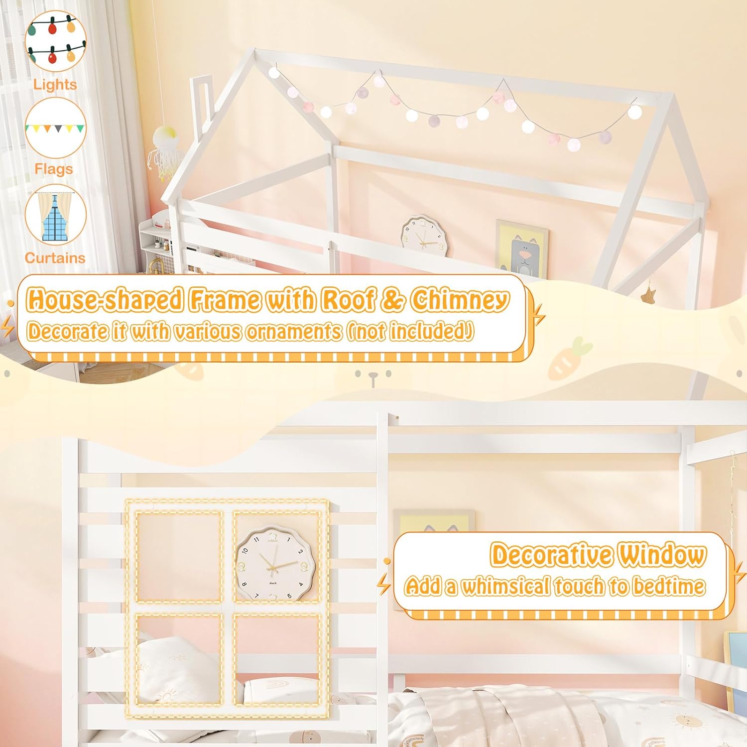 Giantex Twin House Bed with Trundle Bed Twin, Wooden Twin Bed Frames with Roof, Chimney & Window, Montessori House Bed with Safety Guardrails, House Trundle Bed for Kids, Boys, Girls, Teens (White)