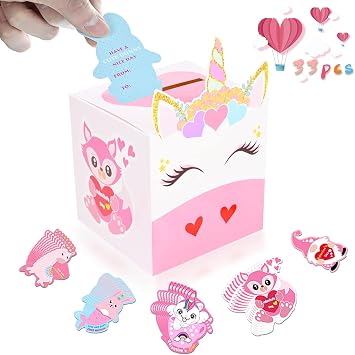 Valentine Boxes 33 Pieces Unicorn Valentines Day Cards and Valentine Mailbox for Classroom Exchange Party Supplies 1 Unicorn Mailbox, 32 Valentine Cards, 1 Teacher Card Style A