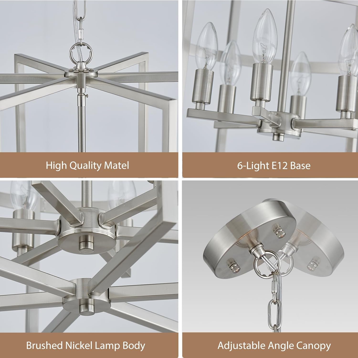 Brushed Nickel Chandelier 6-Light, Dining Room Light Fixture Geometric Metal Modern Chandelier Lighting for Kitchen Island Living Room Entryway, 18 Inch Pendant Hanging Ceiling Lamp