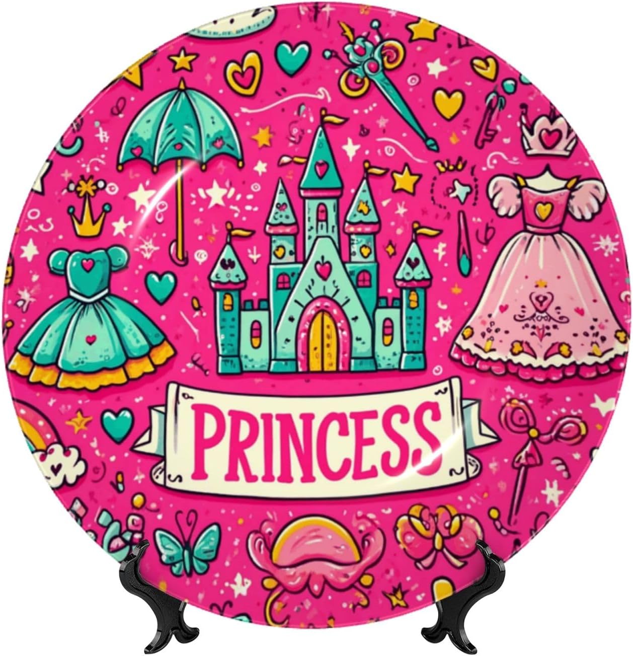 Funny-Princess-Castle-Crown 10 Inch Decorative Plate With Stand, Elegant Display Wall Plate For Home Decor