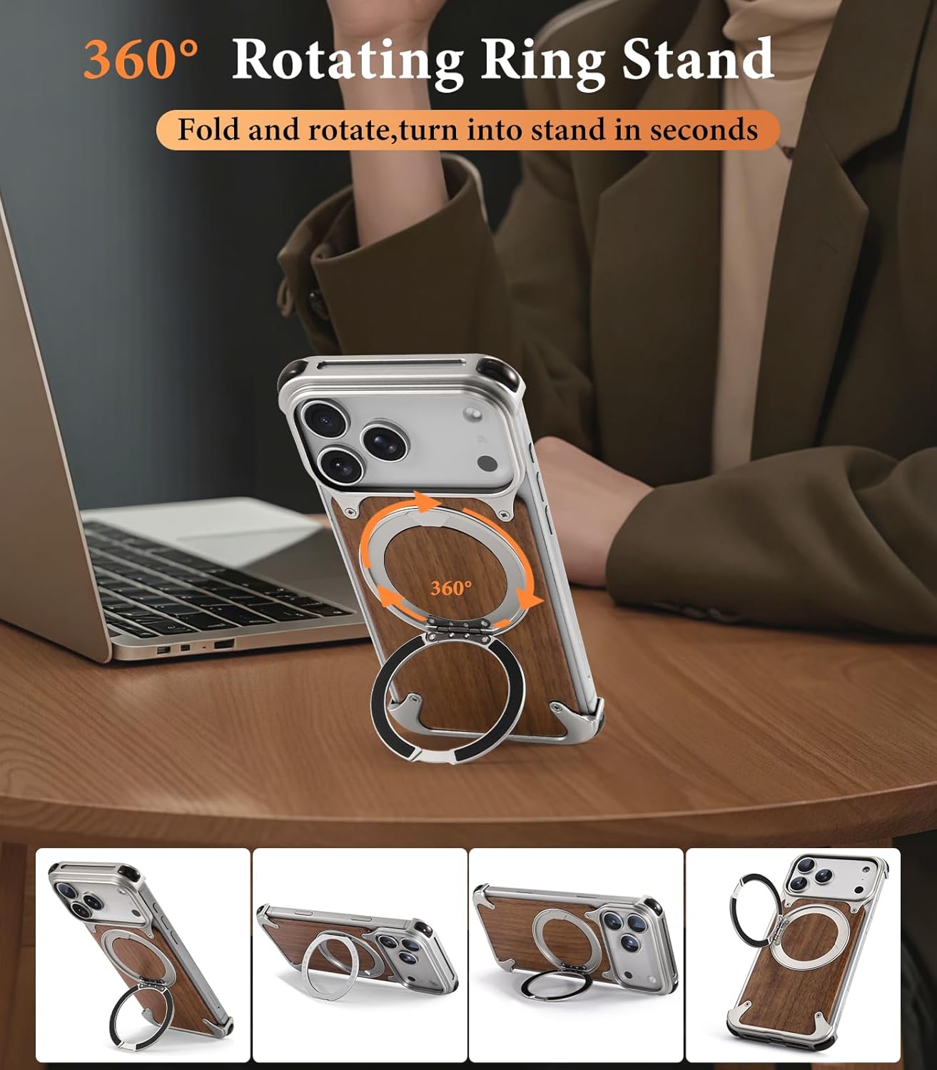 for iPhone 17 Pro Case with Stand,Frameless Anti-Scratch Solid Wood Shockproof Protection Phone Cases,Bezel Less 360° Rotatable Magnetic Kickstand Cover for iPhone 17 Pro(Silver)