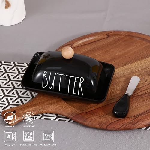 Miniatura 3 de oskas Mantequillera negra de porcelana de granja con tapa y cuchillo para encimera