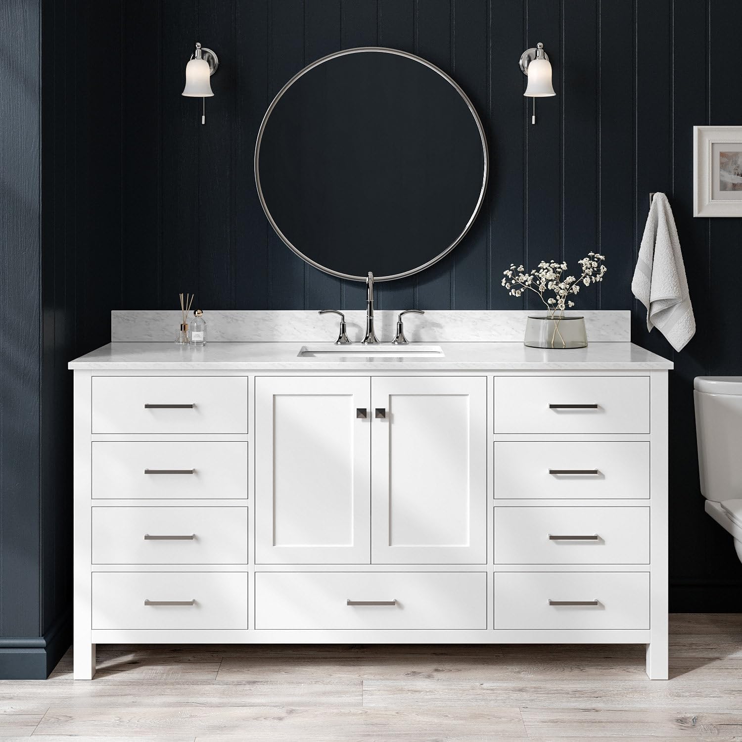ARIEL Cambridge 66-inch Bathroom Vanity with Sink,Solid Wood, 0.75-inch Italian Carrara Marble Countertop, Single Rectangular Porcelain Sink, 2 Soft Closing Doors, 9 Dovetail Drawers, White