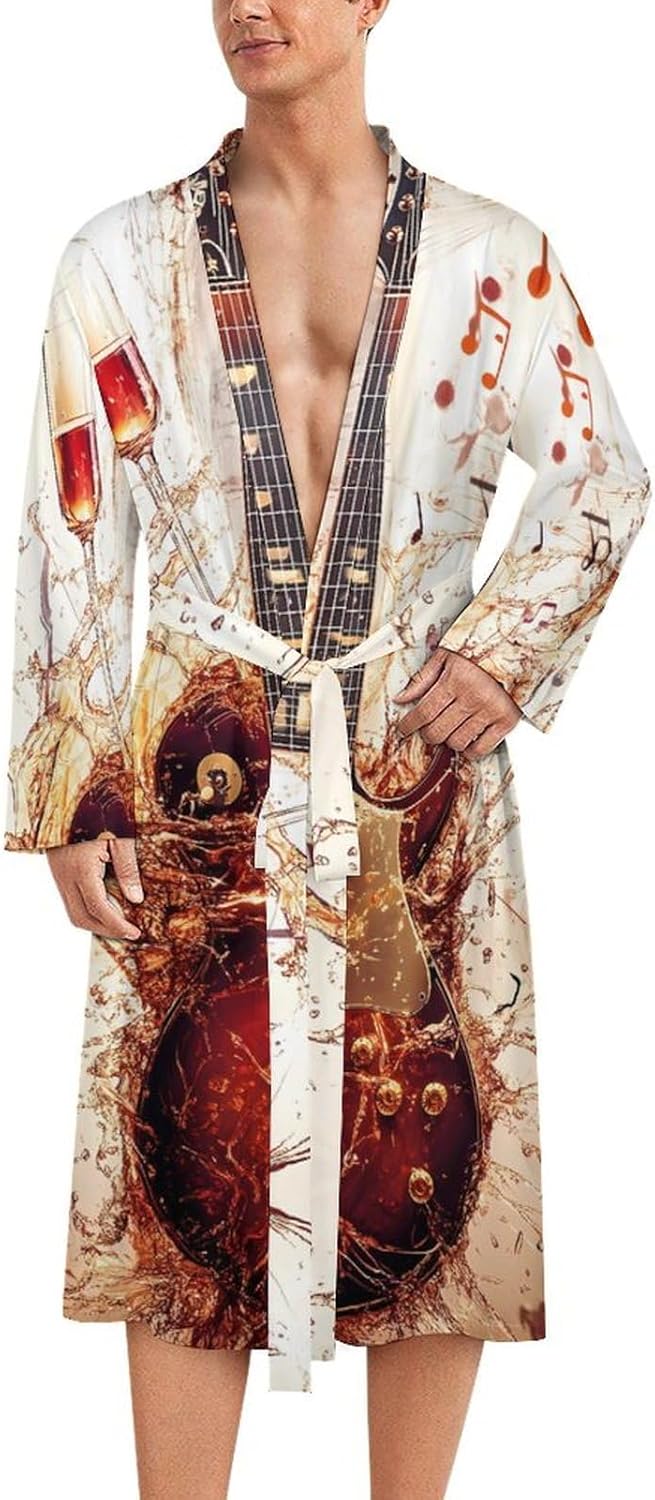 Guitar with Wine And Champa Mens Robe Long Bathrobe for Women Bath Robes Lightweight Soft Printed Sleepwear