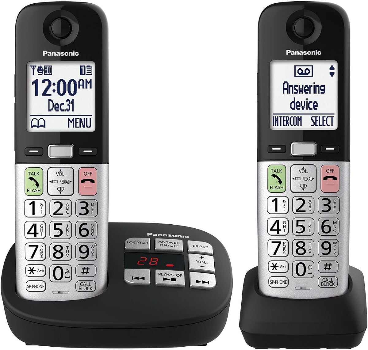 Teléfono inalámbrico, fácil de usar con pantalla grande y botones grandes, tecla de favoritos intermitente, linterna, bloqueo de llamadas, aumento de volumen, identificador de llamadas parlante, teléfonos residenciales, 2 auriculares inalámbricos - KX-TGU432B