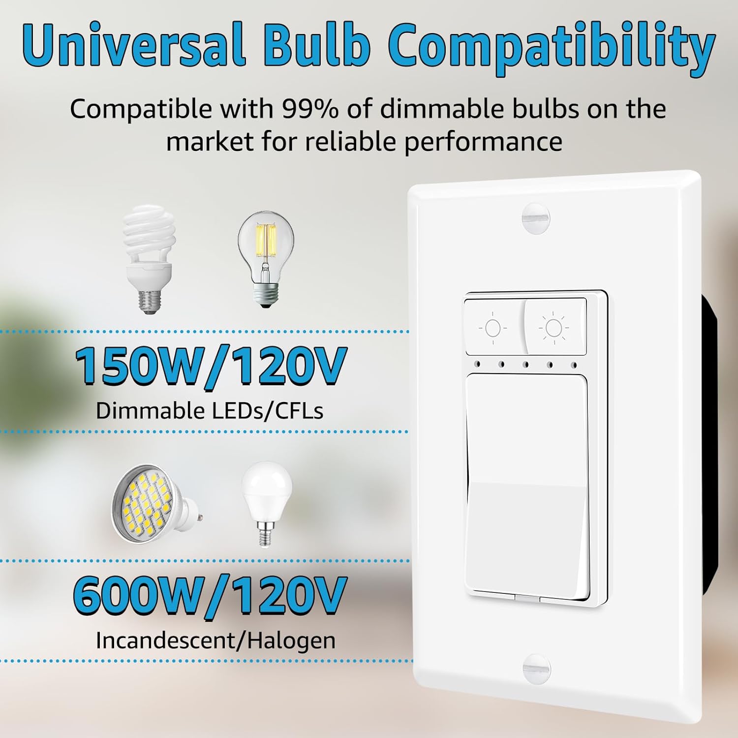 20 Pack Single Pole Dimmer Light Switch, Neutral Wire Required, Work with LED/CFL (150W Max) & Halogen/Incandescent (600W Max), 5 Brightness Levels, ETL/FCC Certified