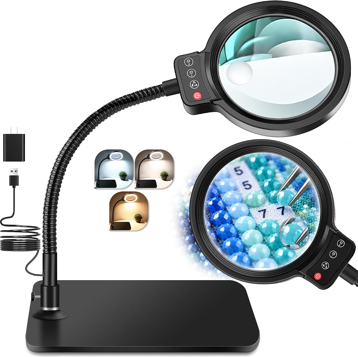 30X 12X Magnifying Glass with Light and Stand LED Desk Magnifier for Craft