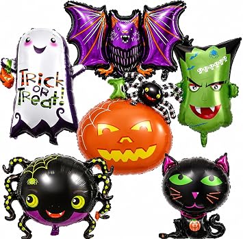 Halloween Foil Balloons Kit, Pack of 6 Large Ghost Cat Spider Pumpkin Spider Monster Head Happy Halloween Shaped Mylar Balloon Decor Set for Kids Horror Theme Trick or Treat Party Decorations Supplies