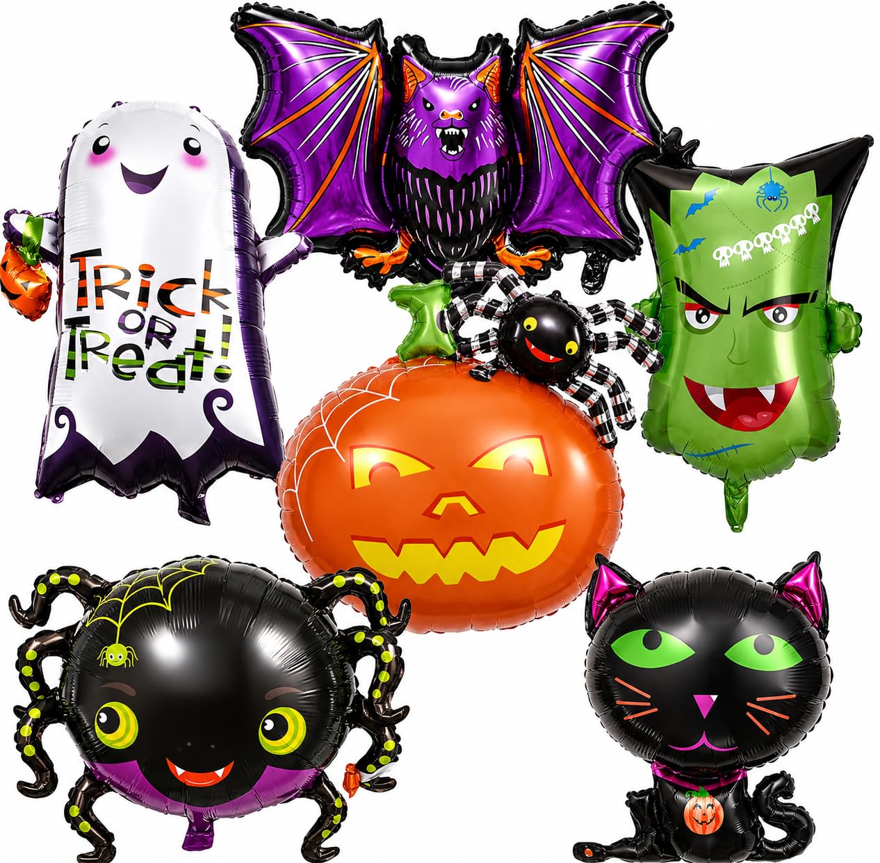 Halloween Deko Folienballon Set, 6 Stück XXL Luftballon Geist Katze Spinne Kürbis Fledermaus Grün Monster Kopf Happy Halloween Ballon für Kinder Horror Thema Trick or Treat Gruselig Party Dekoration