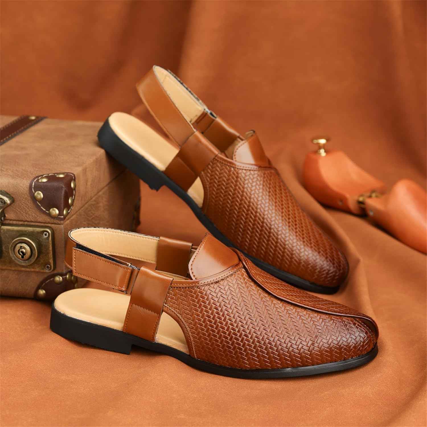 Men's Woven Leather Close-Toe Sandals with Adjustable Ankle Strap Breathable Lightweight Summer Arch Support Slip-On Flats Casual Dress Beach Walking Office Formal Work Shoes