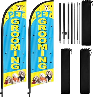 Pet Grooming Advertising Swooper Flag Banners, Pet Grooming Feather Flags with Pole and Ground Stake,8FT Advertising Feather Banners Sign for Pet Grooming Business 2Pack