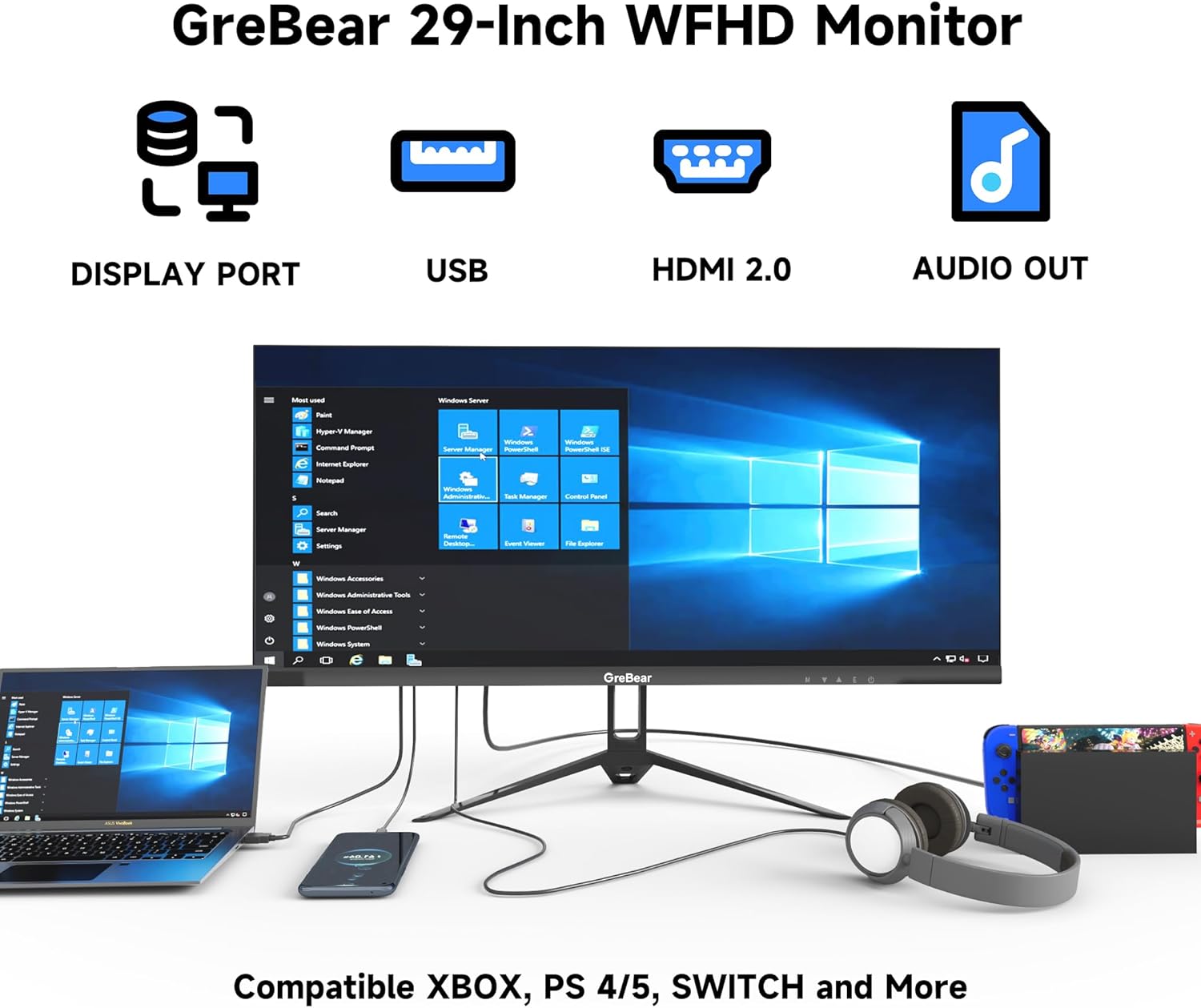 GreBear 29 pollici Ultrawide Computer Monitor, Schermo IPS WFHD 2560 x 1080 75Hz 21:9 Display per Casa Ufficio Gioco, FreeSync, HDMI, DP, HDR Low Blue Light, Altoparlanti Integrati, Montabile VESA