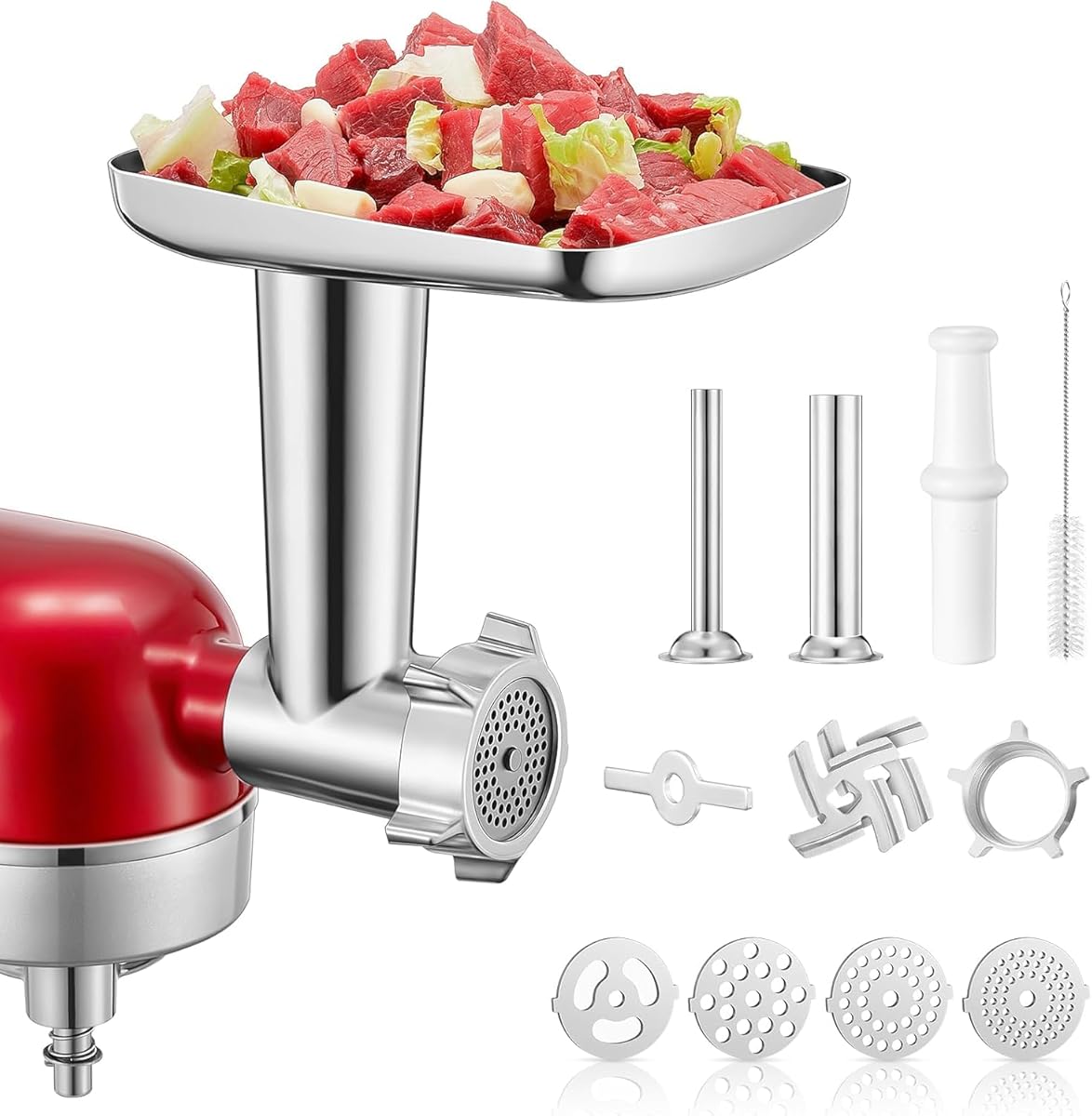 FOHERE Meat Grinder Attachment for KitchenAid Stand Mixer, Stainless Steel Meat Grinder, Sausage Stuffer for KitchenAid Mixers, Including 4 Grinding Plates, 2 Sausage Stuffer Tubes, 2 Grinding Blades
