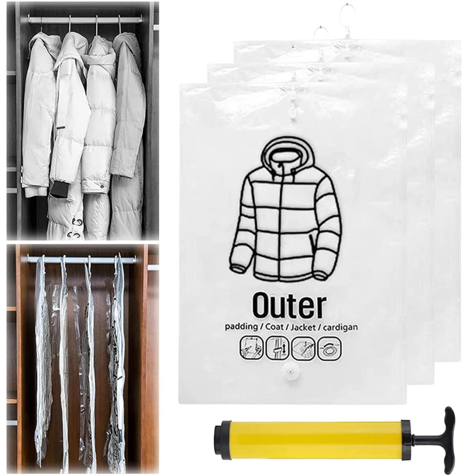 VEKETE Suspended Vacuum Storage Bag, Super Durable, Space Saving, Used for Suits, Coats, Jackets, Closet Organizers, with air Pump(2 Piece,M)