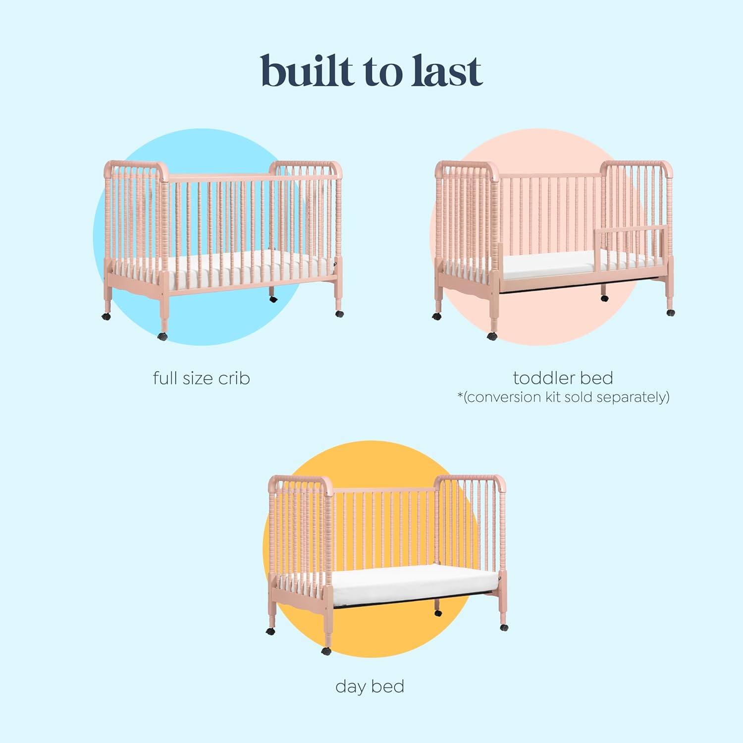 Davinci Jenny Lind 3-in-1 Convertible Crib in Blush Pink, Removable Wheels, Greenguard Gold