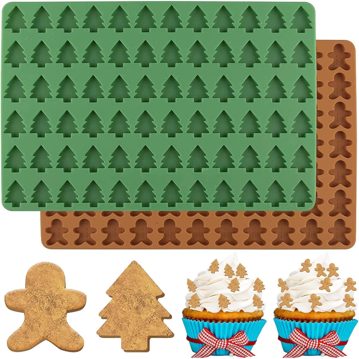 Christmas Silicone Molds Mini Xmas Tree & Gingerbread Candy Chocolate Mould Christmas Non-Stick Fondant Baking Mold for Handmade Soap Pudding Jelly Cake Cupcake Topper Decor, 2Pcs