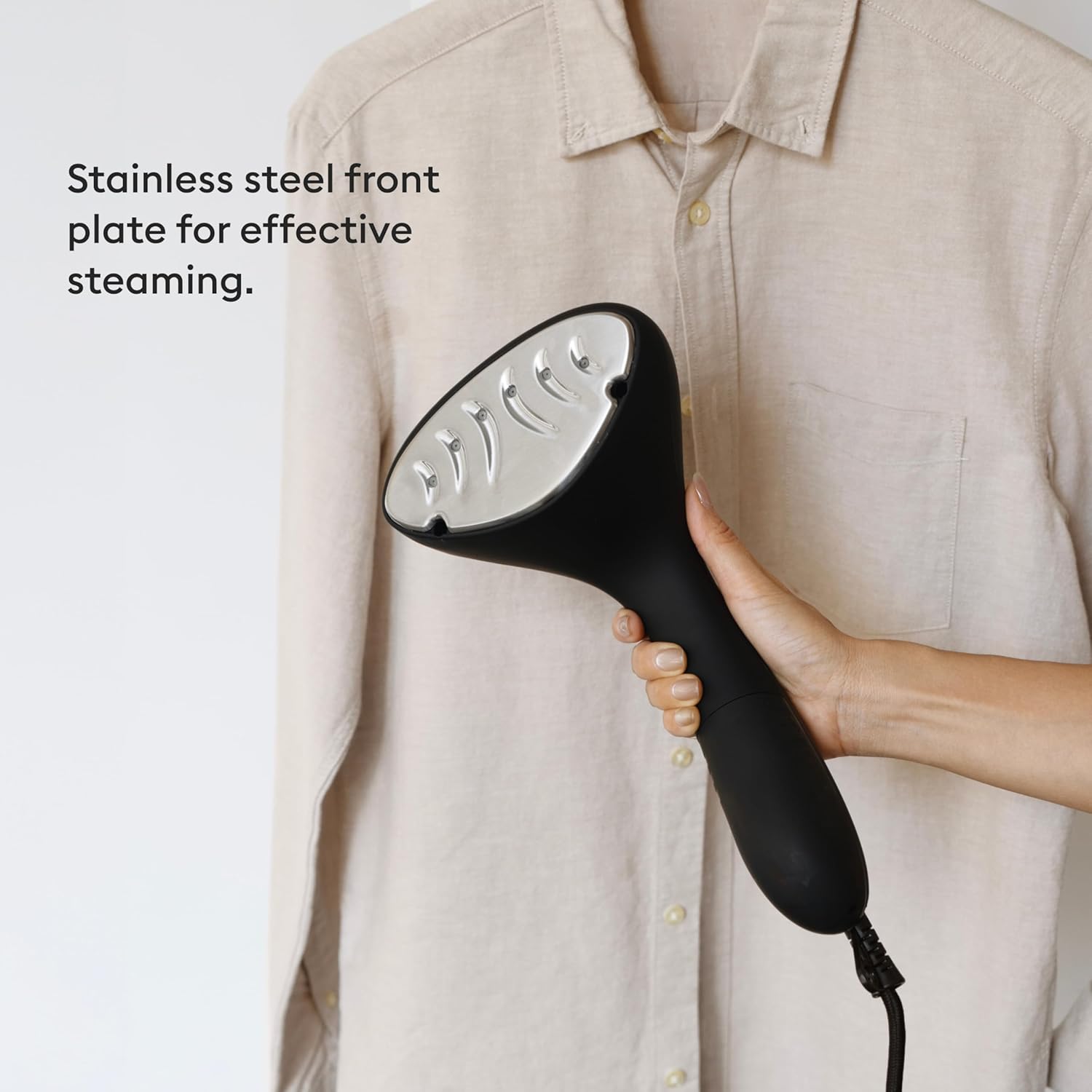 Image showing the stainless steel front plate of the Steamery Cirrus 2 steamer for effective steaming.