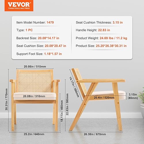 VEVOR Chaise en rotin, 1 pièce, Chaise de Salle à Manger Moderne du Milieu du siècle avec accoudoirs, Chaise rembourrée avec Dossier en rotin, Chaise rétro en rotin pour Salon, Chambre, Bureau, Beige - 7