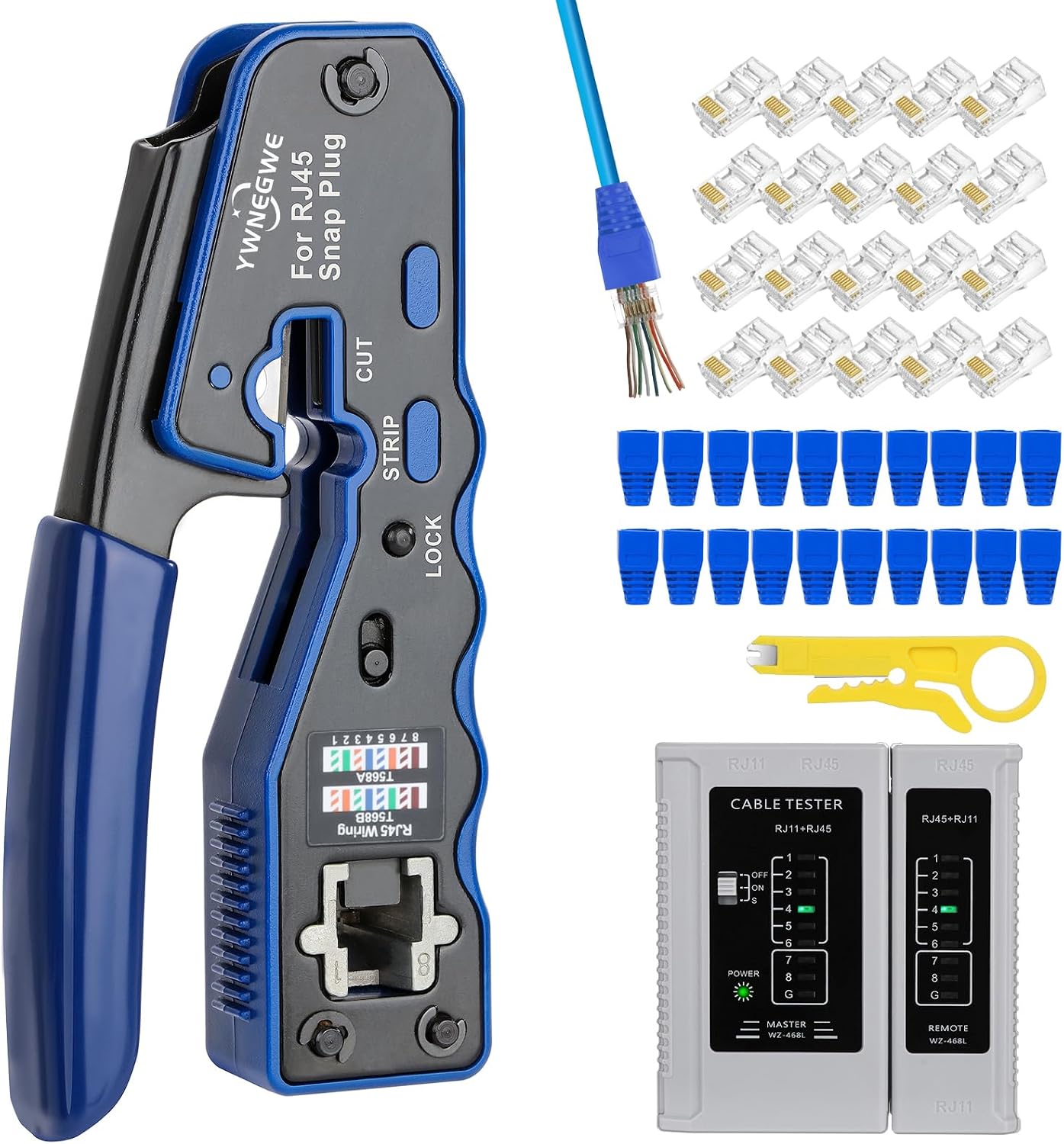RJ45 Crimp Tool Kit Pass Thru Ethernet Crimper for Cat5e Cat6 Cat6a 8P8C Modular Connectors, All-in-One Cat6 Crimping Tool and Tester(9V Battery Not Included)