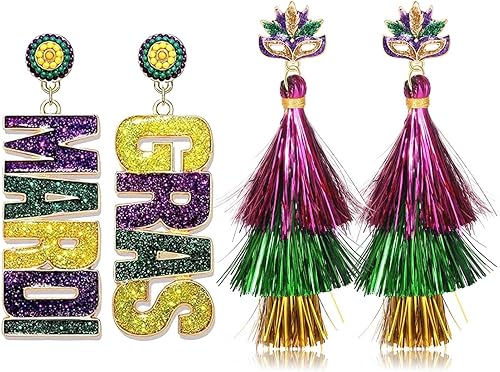 23 pares de aretes de Mardi Gras para mujer, aretes colgantes con corona de cuentas, accesorios de Mardi Gras, aretes de carnaval de flor de lis