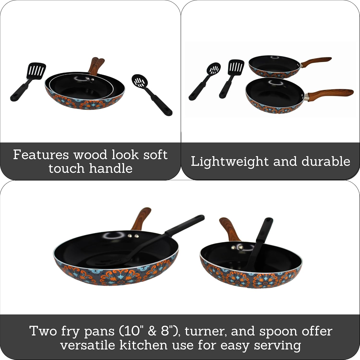 IMUSA Nonstick Ceramic Cookware Set 4-Piece 8in/10in with Soft-Touch Handles, Aluminum, Black
