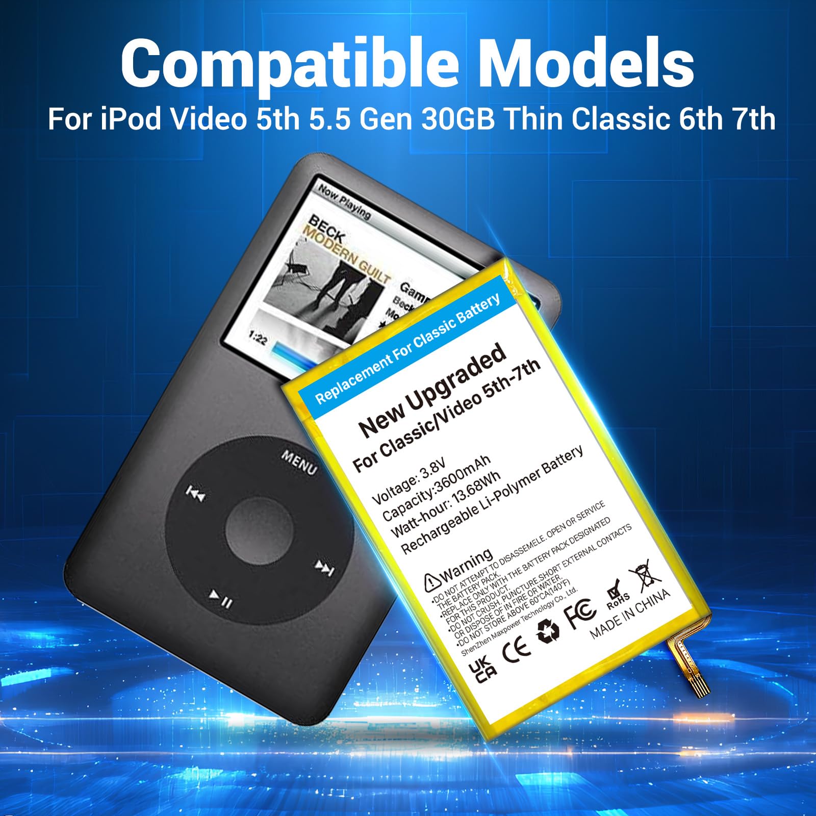 Sostituzione della batteria per iPod Classic/Video (2026, nuovo aggiornamento) - Batteria ai polimeri di litio ad altissima capacità (3600 mAh), compatibile con iPod Classic/Video di 5a 7a generazione