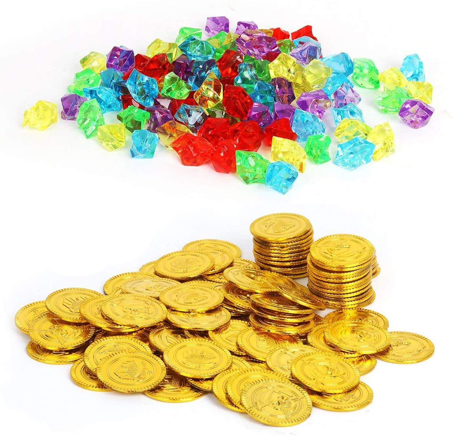 Relaxdays Goldmünzen Kinder, 48er Set, Piratenschatz Kindergeburtstag, Spielmünzen Plastik, Piratenmünzen, 3,5cm, Gold