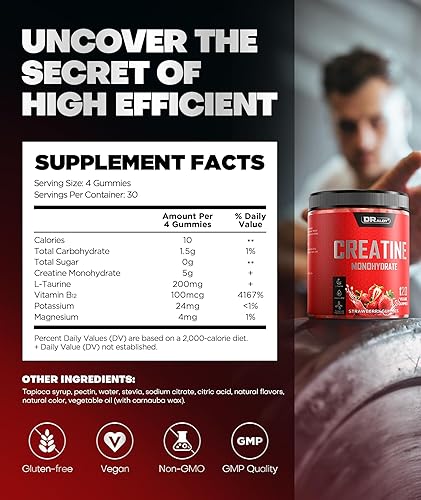 Miniatura 5 de Gomitas de monohidrato de creatina con 99.99% de más 15% de fuerza, 5 veces más energía y apoyo muscular para preentrenamiento complejo de creatina