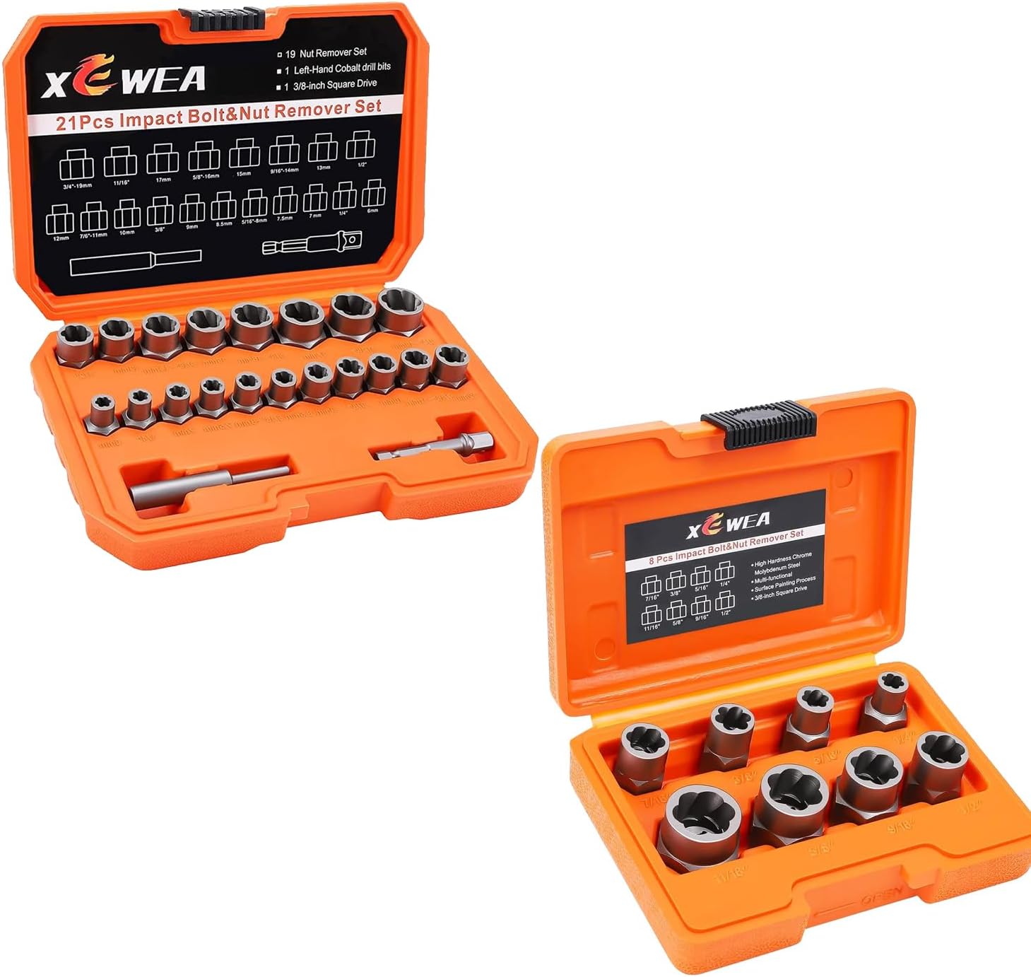 XEWEA 21PCS Bolt Extractor Set & 8PCS Bolt Nut Remover Kit, Cr-Mo 3/8" Drive Easy Out Socket Set for Damaged, Frozen, Rusted, Rounded Bolts, Nuts & Screws