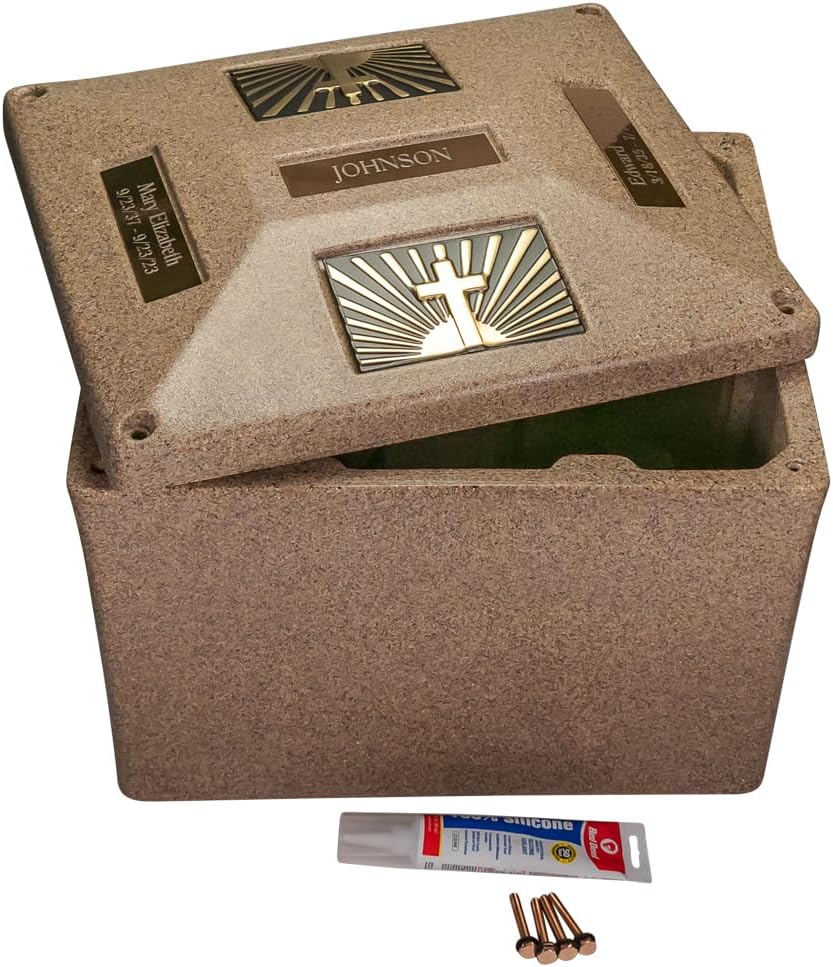 Tyton Sandstone Double Urn Vault - Cross & Ray, Urn Vault for Ground Burial, Holds Two Adult Cremation Urns for Human Ashes, Durable and Secure for Cemetery Burial