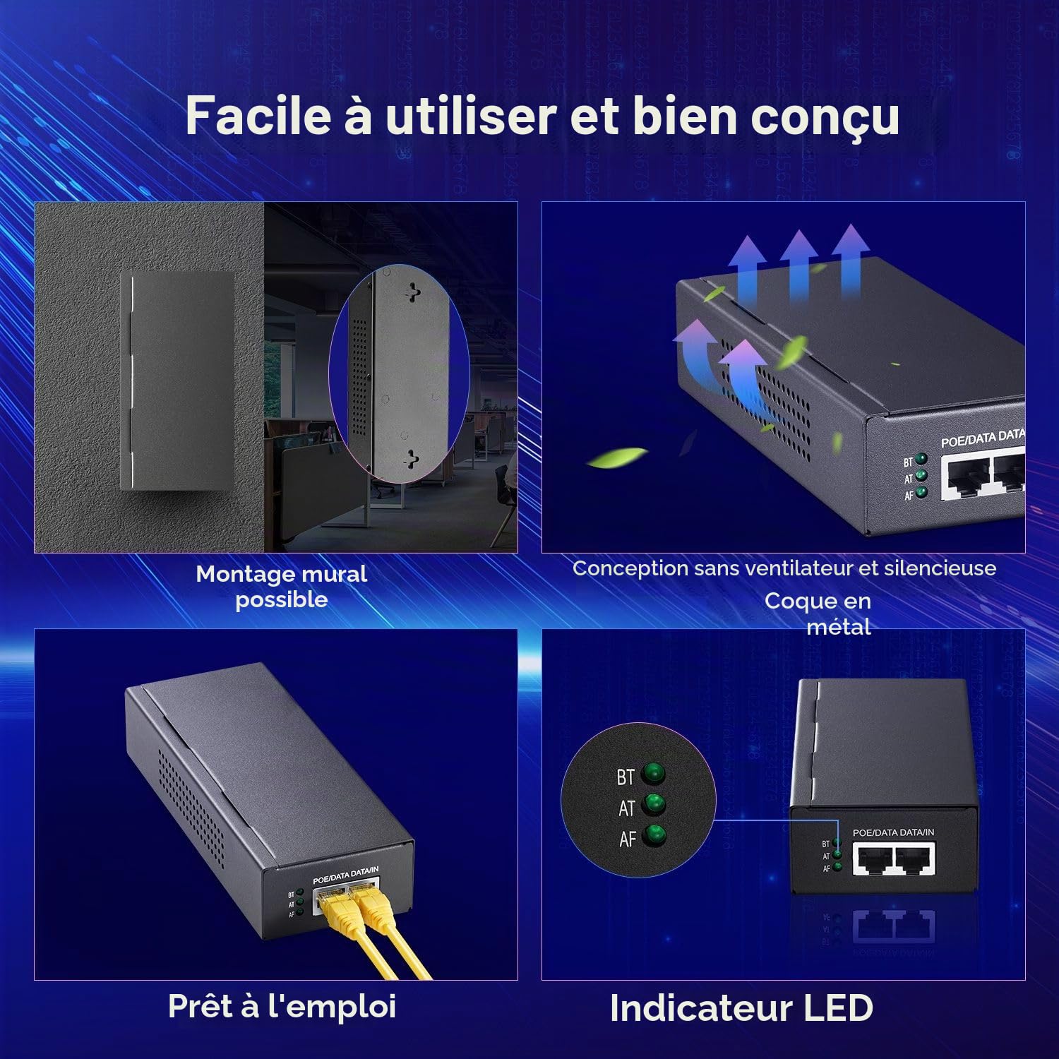 MokerLink Injecteur PoE Gigabit, 802.3af/at/BT 90W, 10/100/1000Mbps Ethernet, Plug & Play, Adaptateur Non-PoE vers PoE, Distance jusqu'à 100 mètres (328 ft.)