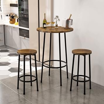 3 Piece Pub Table Set, Bar Table and Chairs Set, Small Kitchen Table Set for 2, Modern Round Bar Table with 2 Stools for Small Space Breakfast Nook Restaurant, 23.6"W, 36.2" H, Rustic Brown