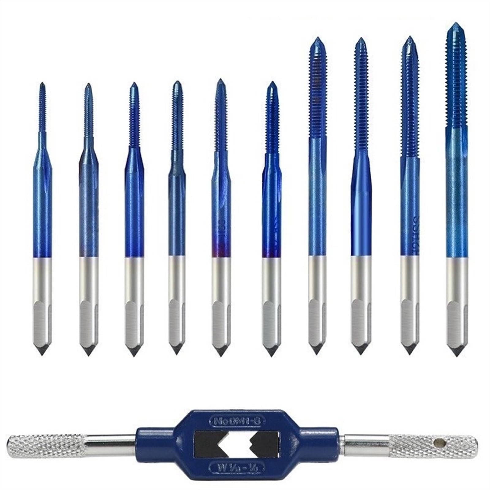 Gewindebohrer-Set, 10-teilig, M1, M1,2, M1,4, M1,6, M1,7, M1,8, M2, M2,5, M3, M3,5 HSS, Metrischer Gewindebohrer Mit Schraubenschlüssel, Nano-blau Beschichteter Maschinengewindebohrer (Size : 11pcs T