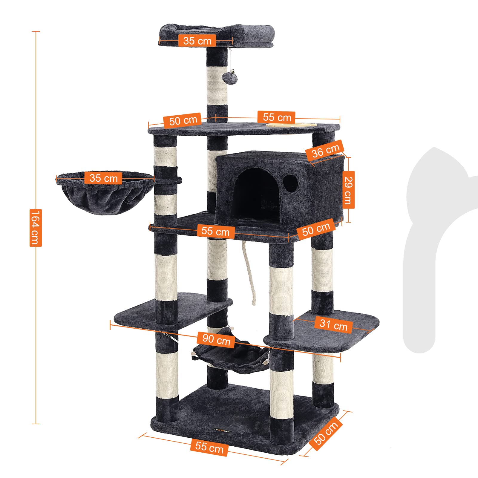 FEANDREA Árbol para Gatos, Torre de Juego 164 cm, Gris Antracita PCT99G