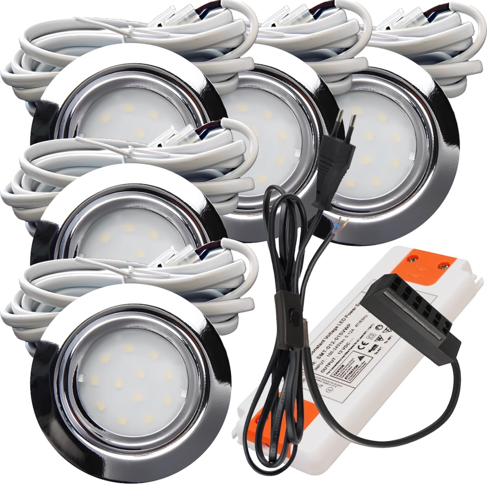 5er Set LED Einbauspot Leni 12V 2,2W Neutralweiß 4000K Chrom | IP44 Ø72mm flach | 240lm je Leuchte | Mit Trafo, AMP-Verteiler & 230V Zuleitung inkl. Schnurschalter | Für Küche & Möbelbeleuchtung